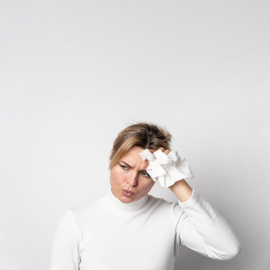 Woman pressing a hand to her forehead in distress – support through individual therapy